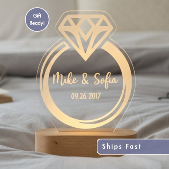 Couples Engagement Ring Night Light – Personalized LED Anniversary Lamp - Picture 1 of 8